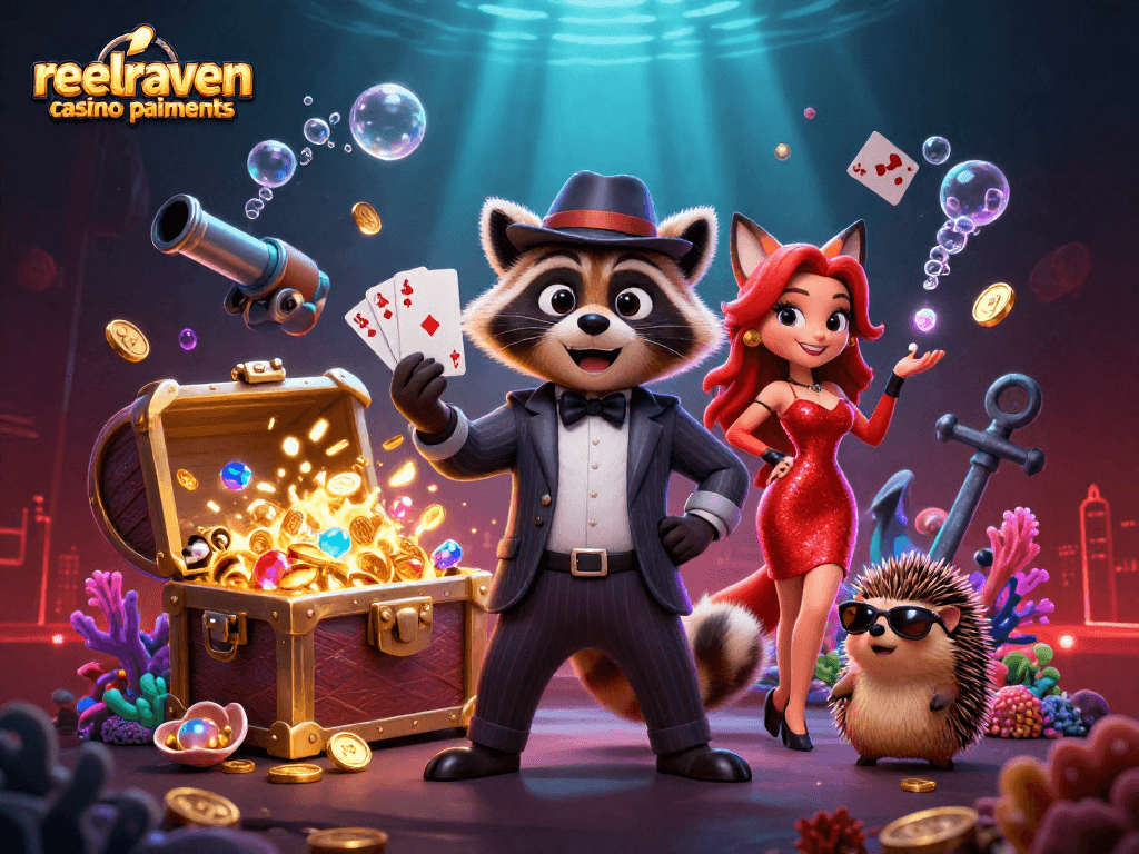 Réalisations de paiements sur le site reelraven casino paiements avec des personnages de casino et des effets riches.