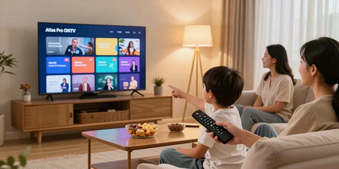 Une famille profitant de l'application Atlas Pro sur leur Smart TV pour des soirées cinéma, moment convivial à la maison.