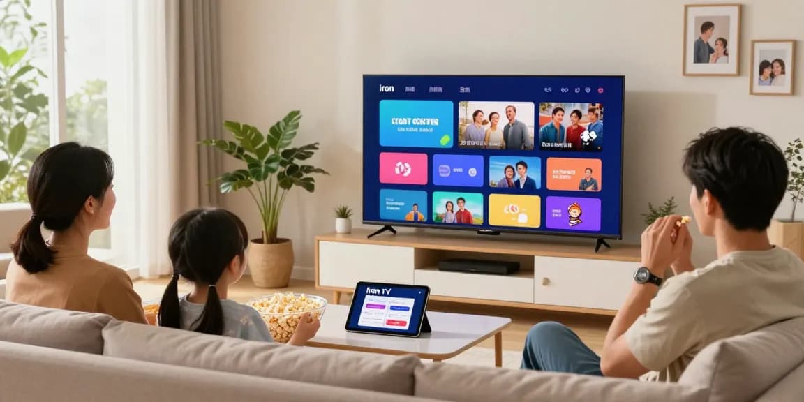 Une famille profitant de Iron TV sur un grand téléviseur, divertissement chaleureux et convivial.