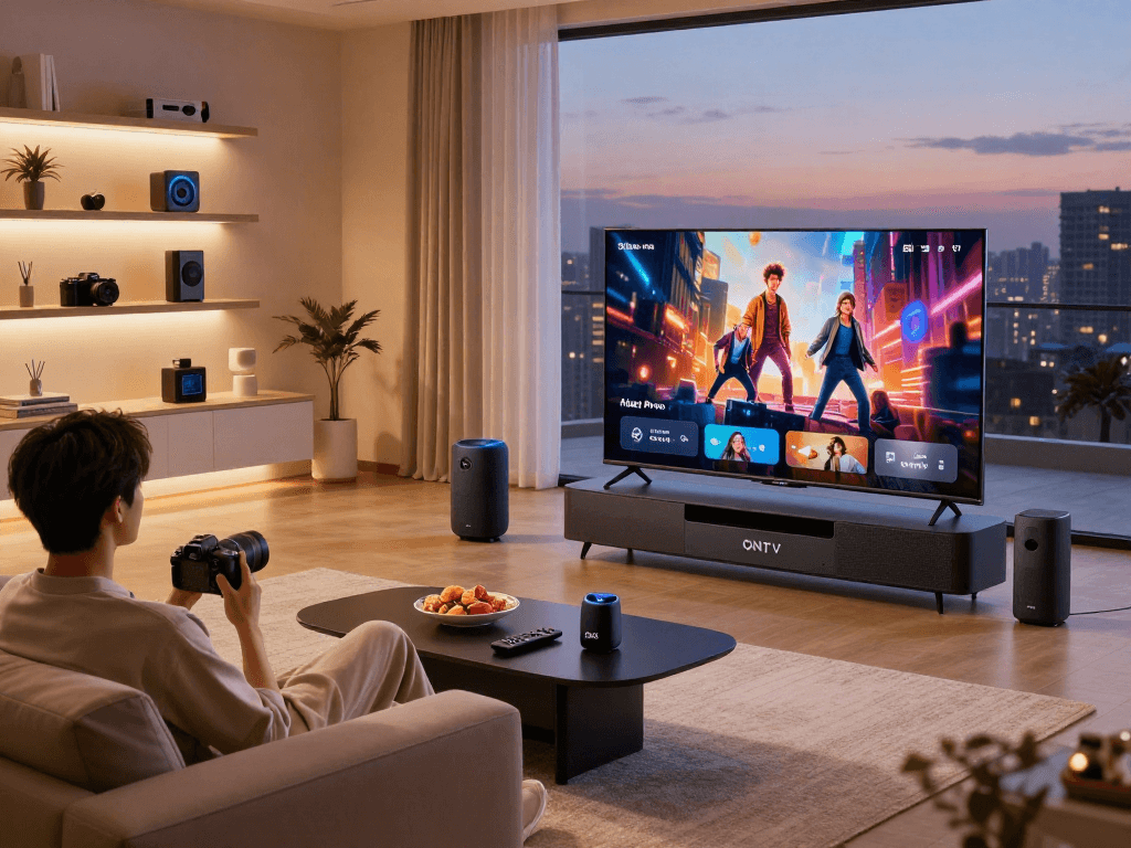 Configuration d'Atlas Pro ONTV dans un salon moderne, détente et technologie