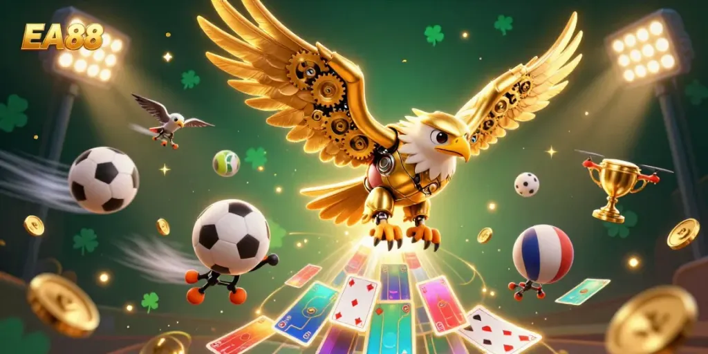 Engaging EA88 scene with a golden eagle and dynamic sports elements representing top-tier betting excitement.
