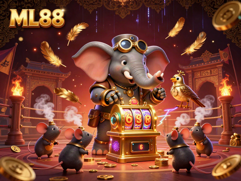 Experience thrilling gaming at ML88 with a vibrant 3D illustration of a steampunk elephant operating a slot machine.