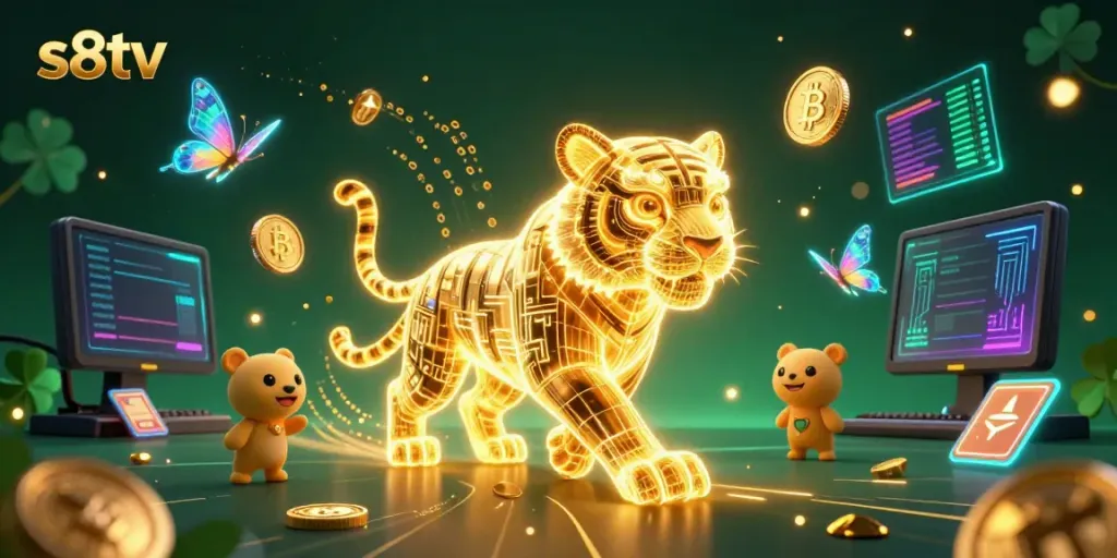 Experience thrilling gaming action at s8tv with vibrant neon visuals and digital currency elements.