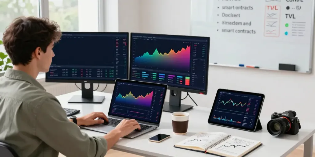 Analyse de l'actualité crypto et de la finance décentralisée dans un bureau moderne avec des graphiques de marché.