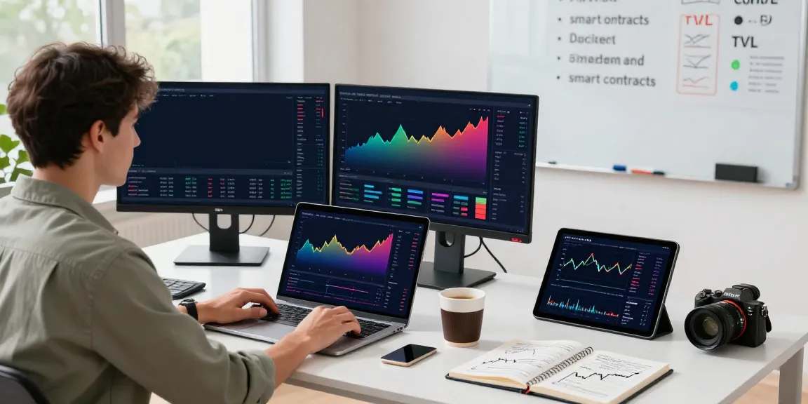 Analyse de l'actualité crypto et de la finance décentralisée dans un bureau moderne avec des graphiques de marché.