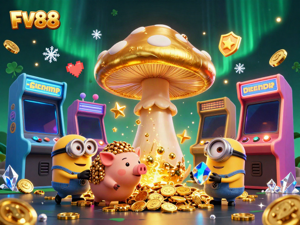 Experience the magic of FV88 with a vibrant, dynamic scene showcasing a golden mushroom wizard and gaming elements.