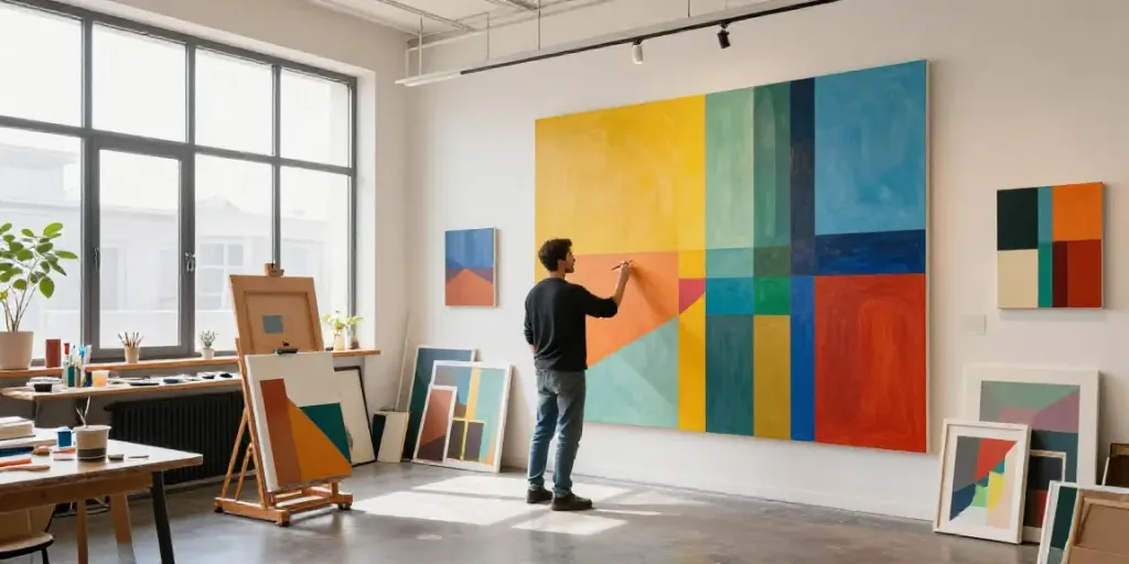 Art monumental, peinture, artiste local dans un studio, création artistique, service communautaire.