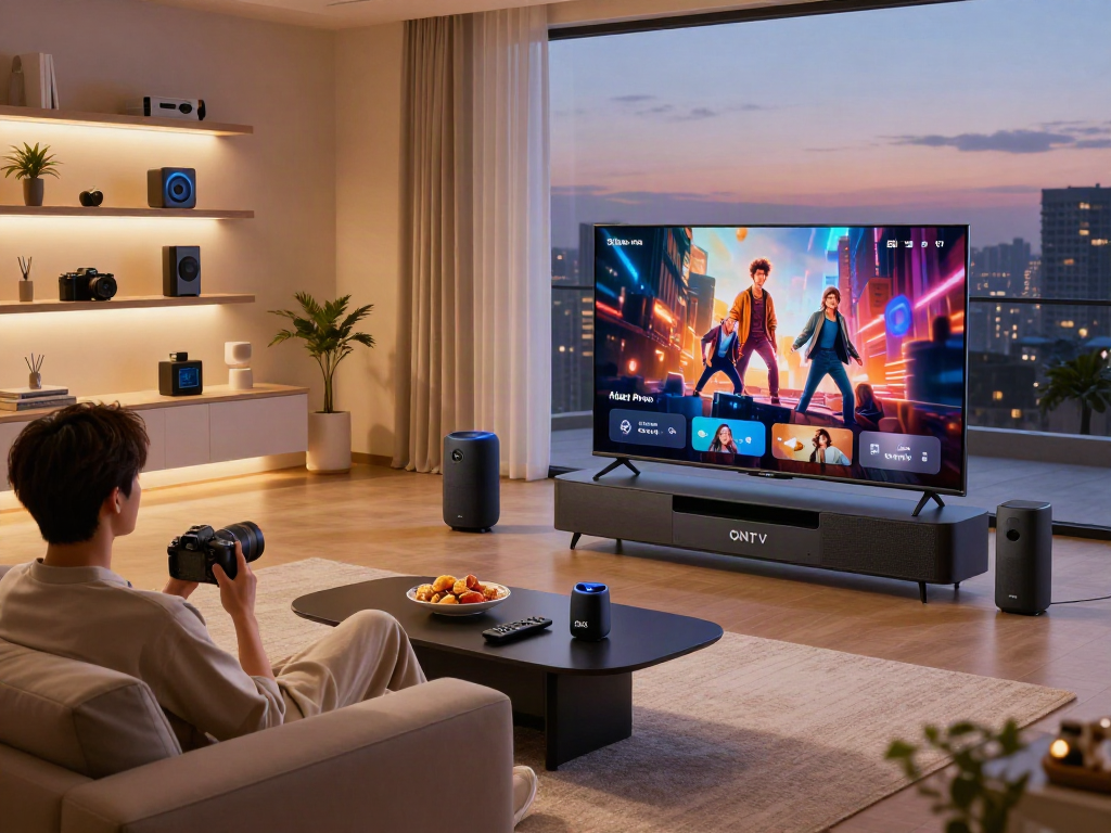 Configuration d'Atlas Pro ONTV dans un salon moderne, détente et technologie