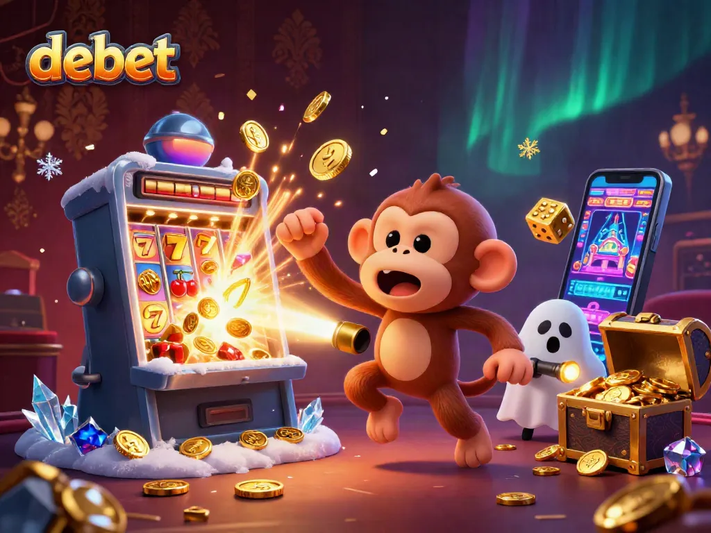 Debet showcases an adventure-filled casino scene with a playful monkey and an inquisitive puppy amid exciting game elements.