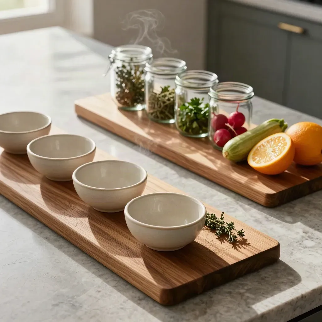 Deux planches de cuisine, bols de dégustation, bocaux et légumes sur pierre, lumière d’après-midi