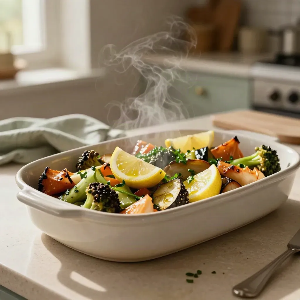 Plat de légumes rôtis encore fumants dans une cuisine familiale, lumière douce.