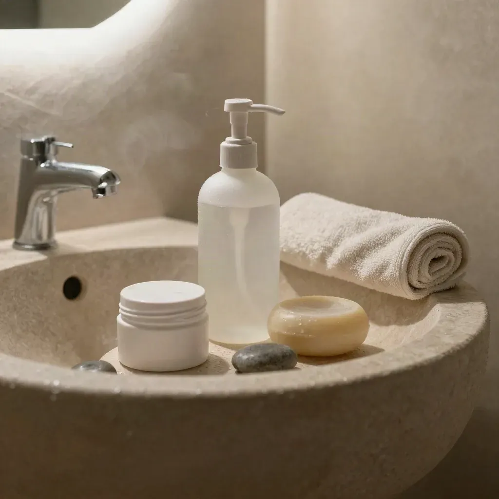 Lavabo en pierre avec nettoyant visage, savon et serviette dans une salle d’eau calme.