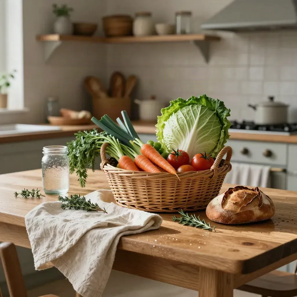 Table en chêne, panier d’osier, légumes bio, pain au levain et herbes dans une cuisine ouverte lumineuse.