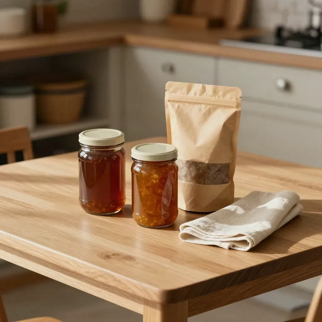 Deux bocaux bio et un sachet refermé sur une table de cuisine, lumière sèche du matin.