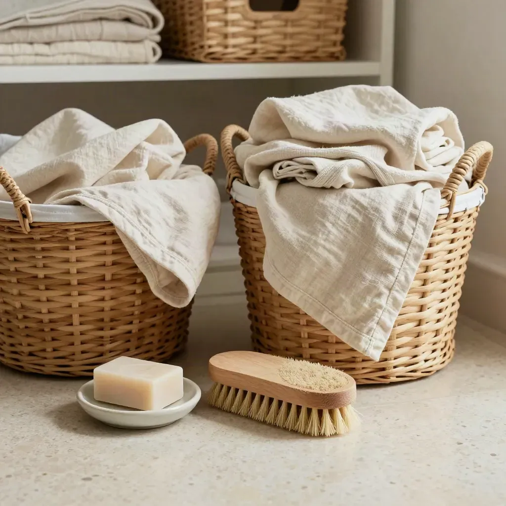 Buanderie claire avec linge plié, brosse en bois, savon solide et caisse sur sol en travertin.