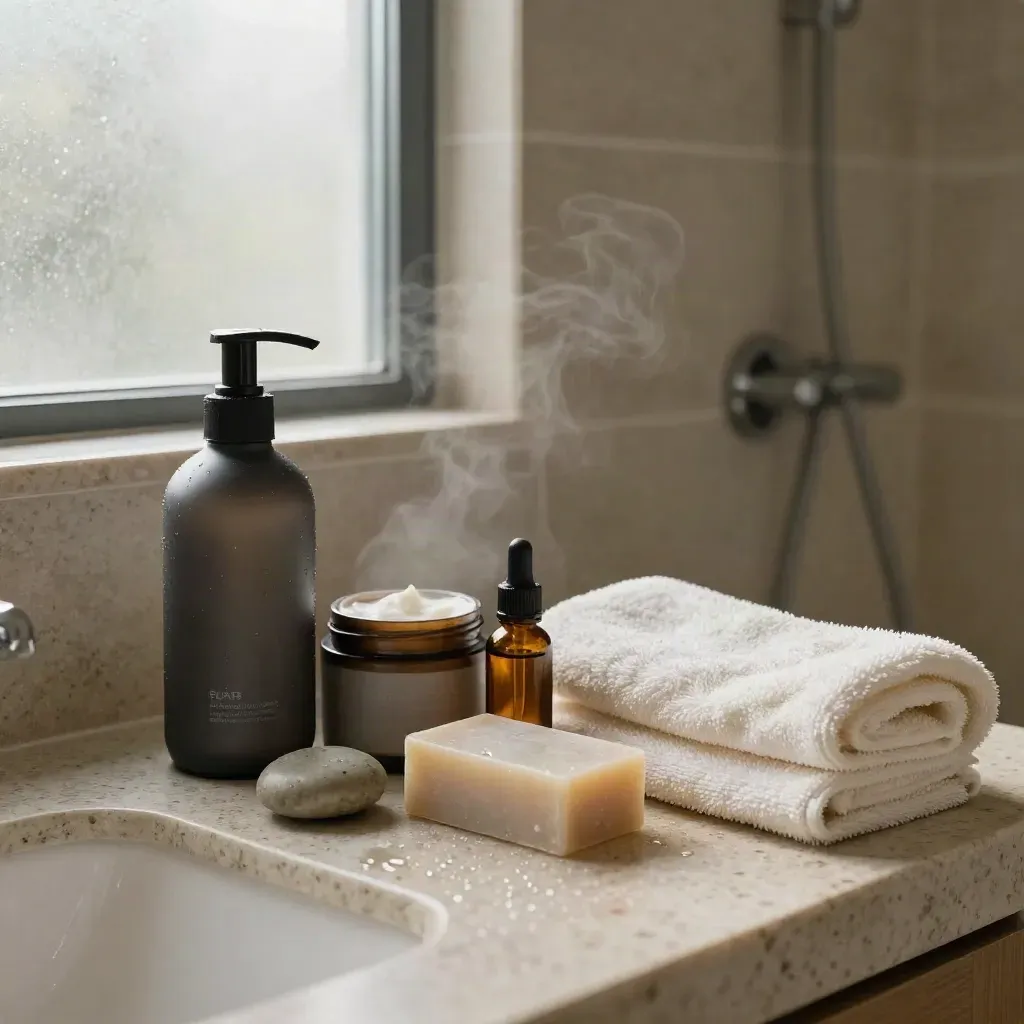 Salle de bain en pierre claire avec cosmétiques naturels et serviette épaisse sur le comptoir