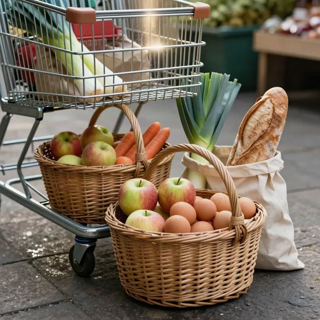 Caddie et deux paniers d’osier remplis de courses bio sur un marché, vue basse dynamique.