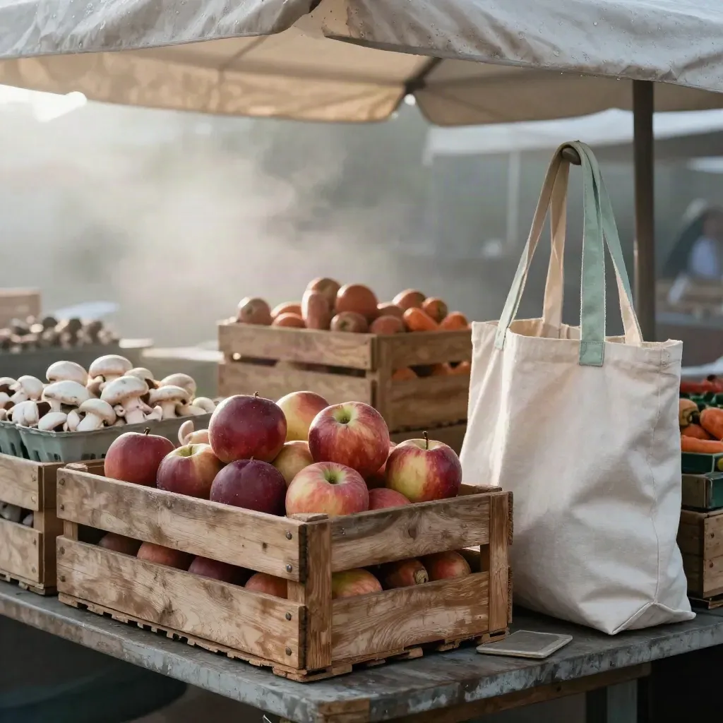 Étal de marché d’automne avec cagettes de fruits, carottes, champignons et sac en toile sous l’auvent.