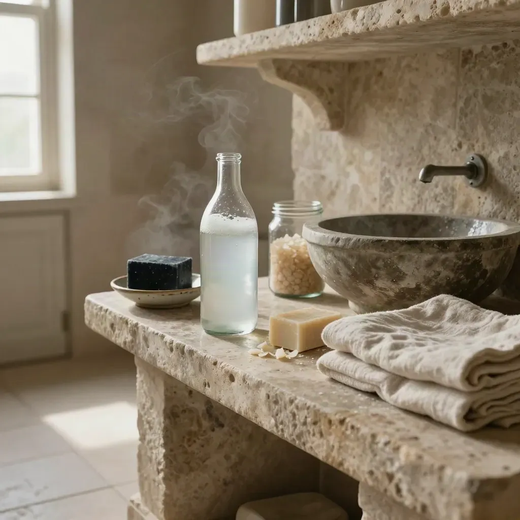 Buanderie en pierre avec lessive maison, savon noir, cristaux et linge clair prêt au lavage