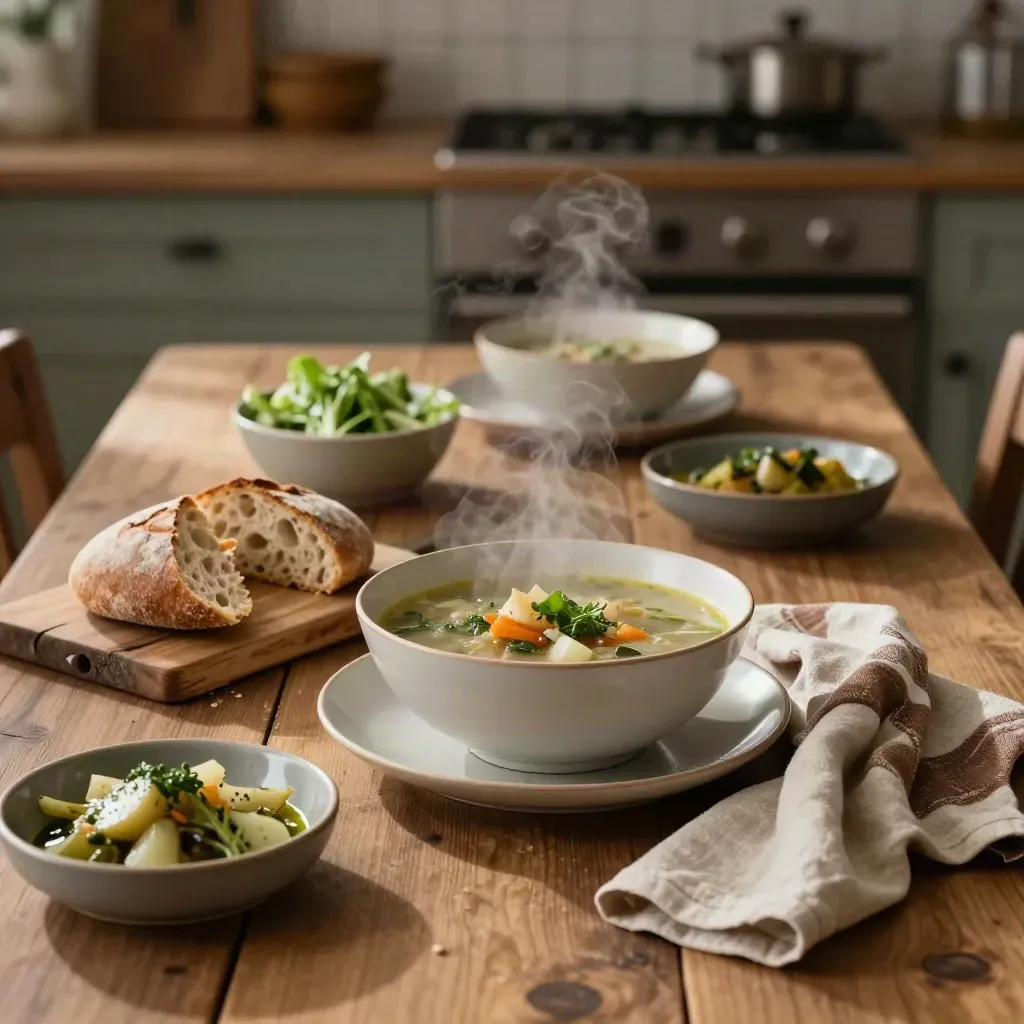 Table du soir avec soupe, pain, salade et légumes tièdes, vapeur douce dans une cuisine floue.