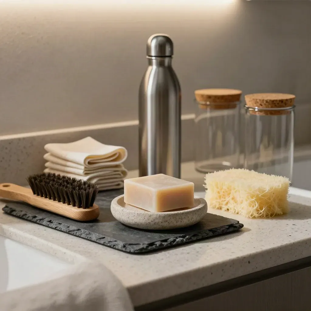 Objets zéro plastique réunis dans une salle de bain-cuisine en lumière douce.