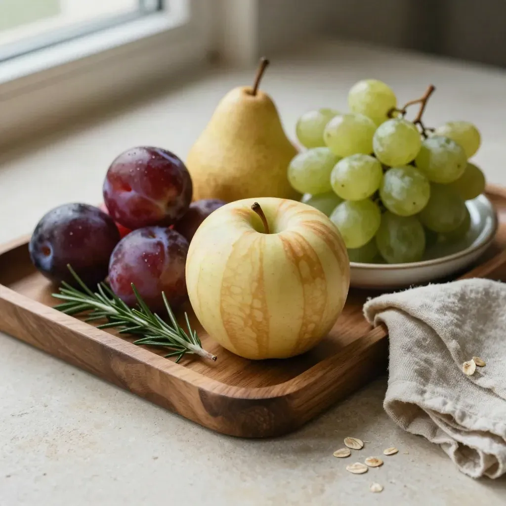 Pomme bio côtelée, fruits de saison, romarin, lin et coupelle sur plateau en bois.