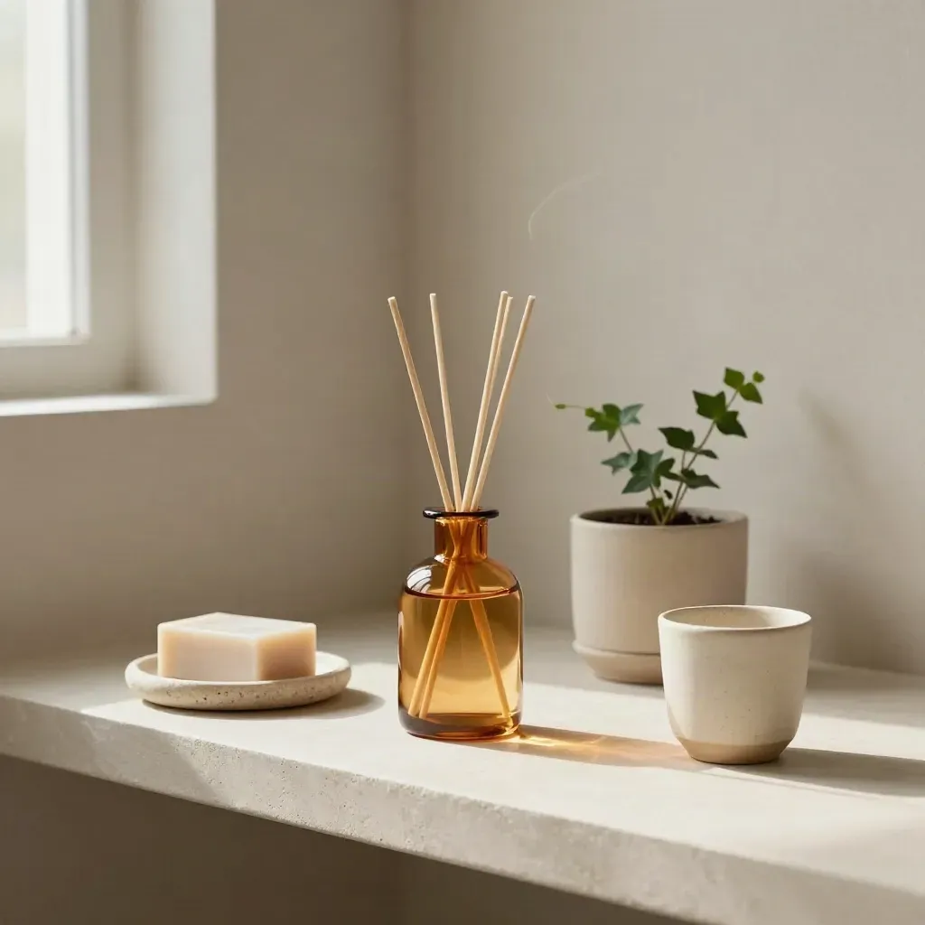 Diffuseur ambré, savon solide, lierre et tasse en grès sur une étagère claire.