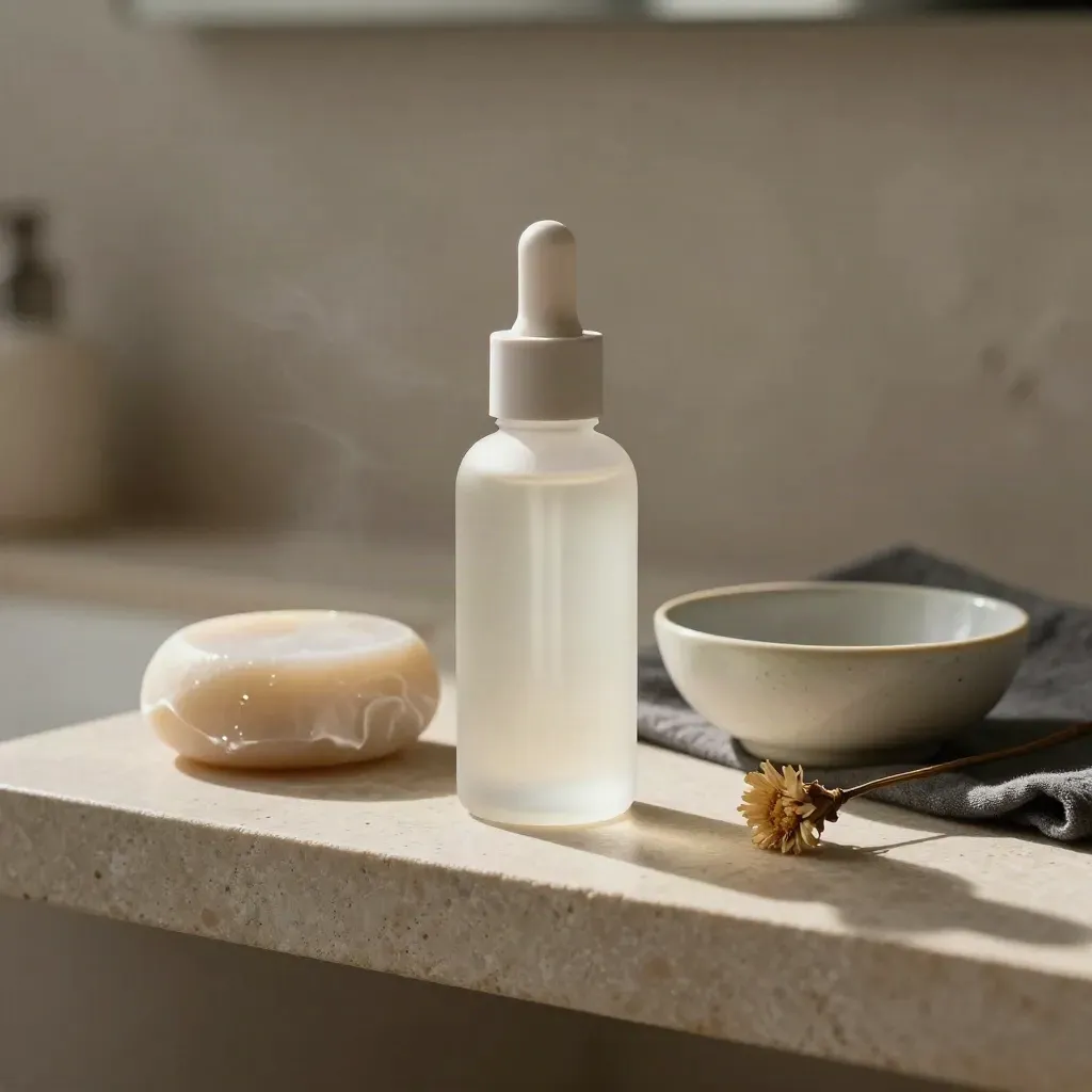 Flacon de soin visage en verre dépoli, savon, bol en porcelaine et fleur séchée sur pierre.