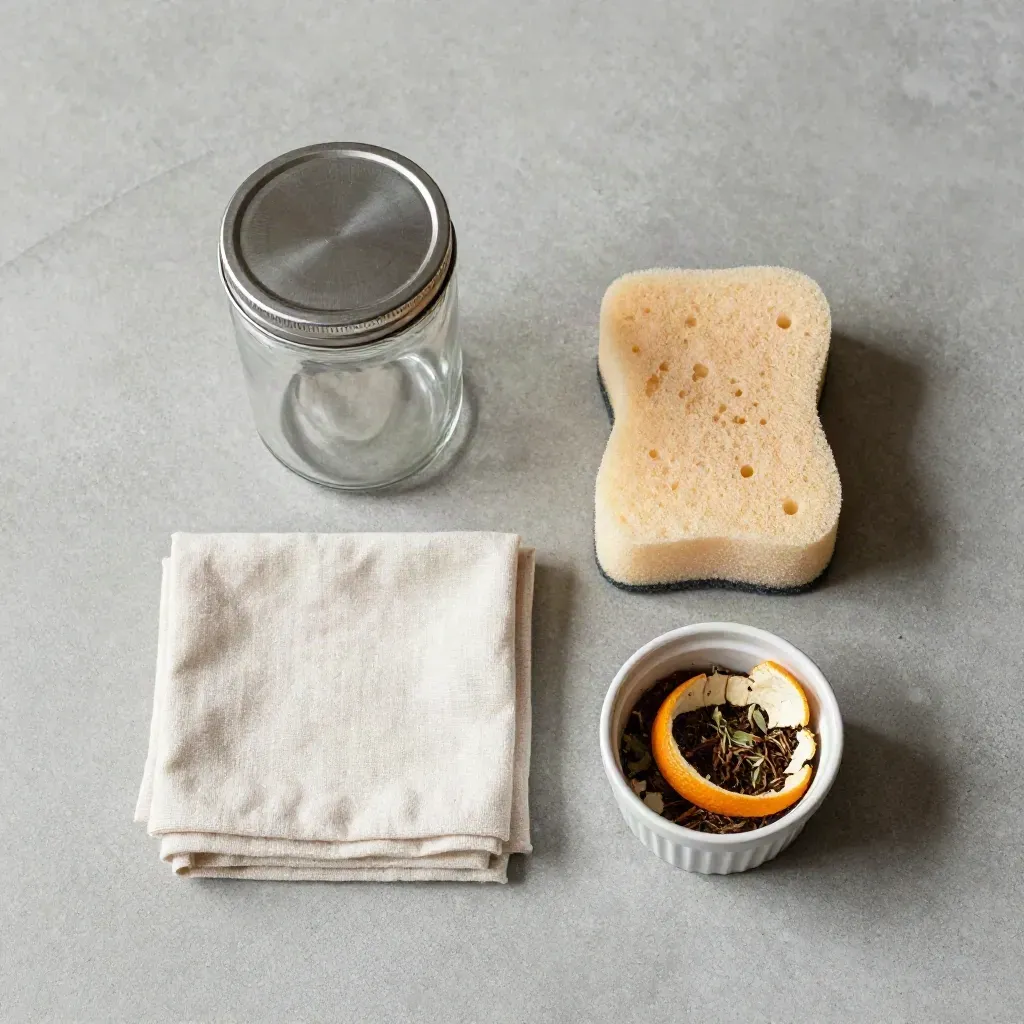 Flatlay d’un bocal en verre, d’un tissu réutilisable, d’une éponge végétale et d’un ramequin de restes.