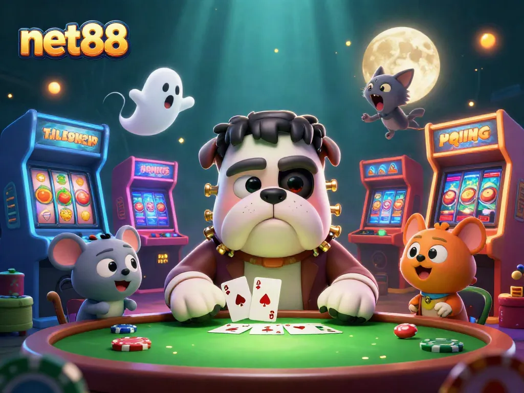 Experience thrilling poker action with net88 at a vibrant digital casino illustration featuring fun characters and classic game elements.