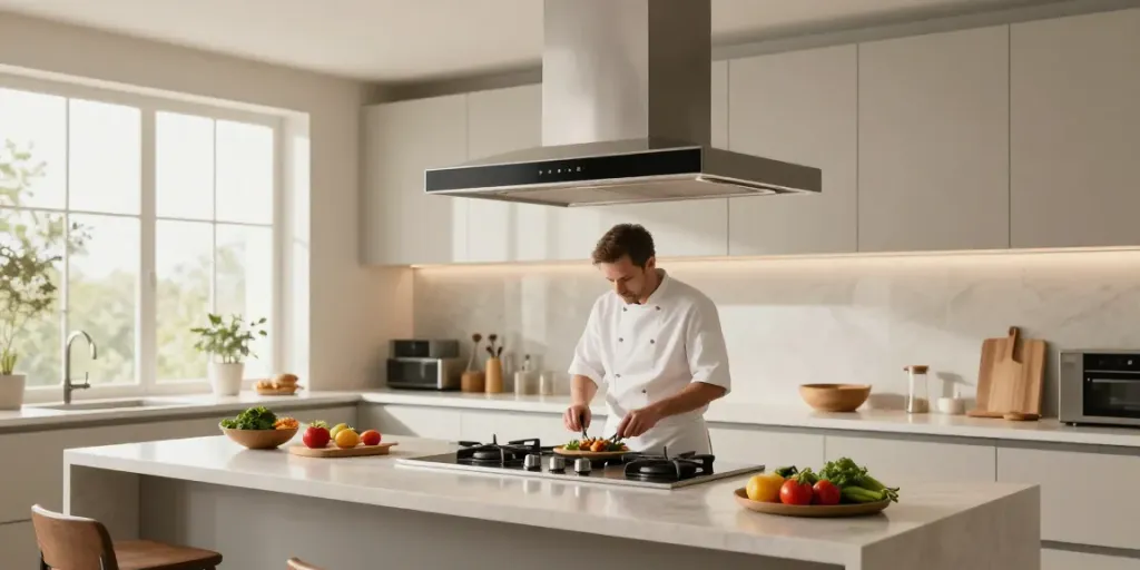 Hotte aspirante moderne dans une cuisine élégante avec un chef cuisinant.