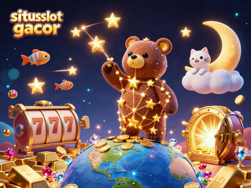 Scoop up coins with situs slot gacor in a vibrant 3D casino illustration featuring a golden star bear and slot elements.