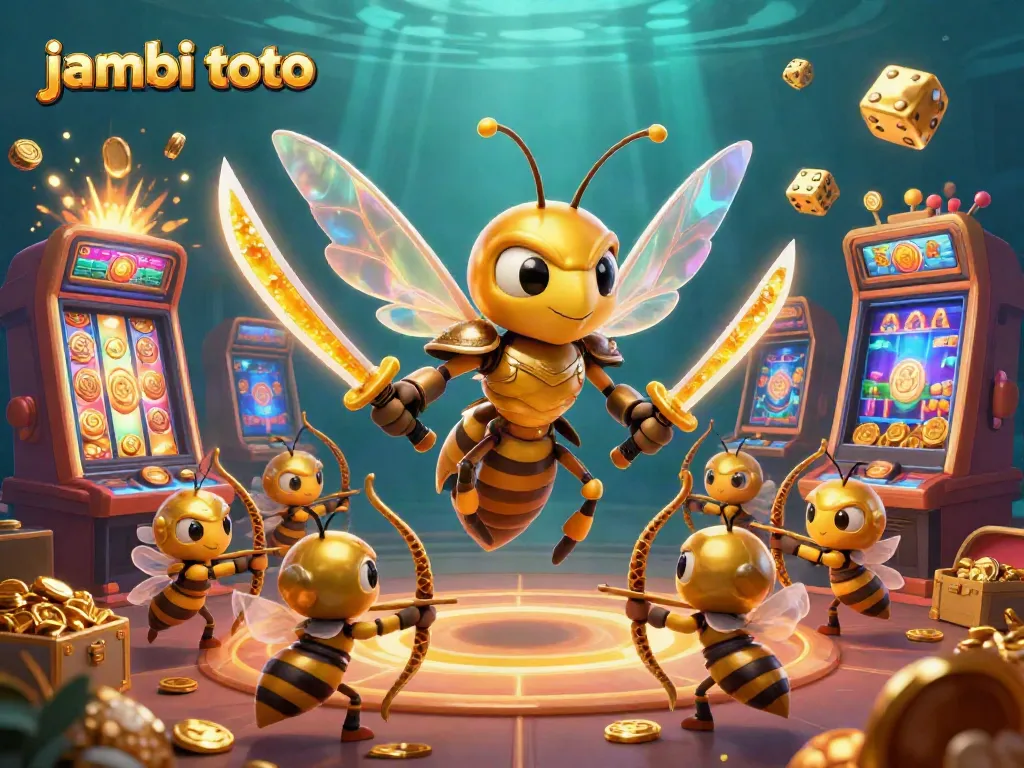 Engage with Jambi Toto's vibrant casino world, united by a golden hornet in samurai armor and dynamic jackpot action.