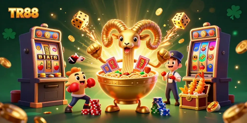 Engage with TR88's vibrant casino world featuring playful characters and exciting games, capturing thrilling moments.
