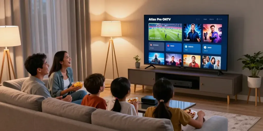 Famille profitant d'une soirée cinéma avec Atlas Pro ONTV à la télévision.