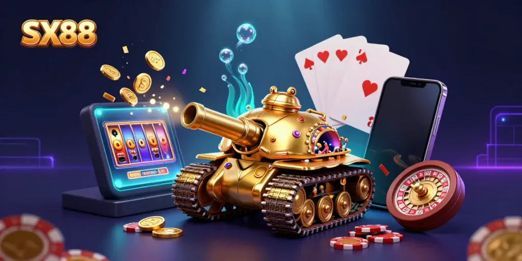 SX88 captures the excitement of gaming with a vibrant digital casino tank and animated casino elements.