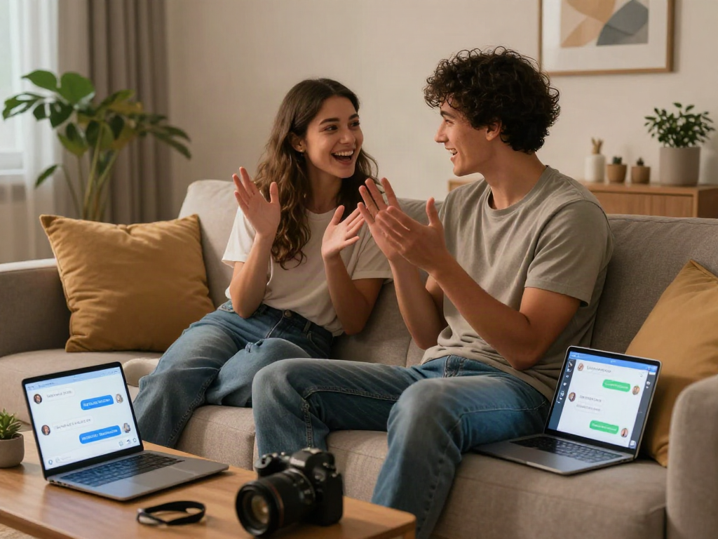 Couple enjoying a playful nsfw ai chat on digital devices in a cozy living room.