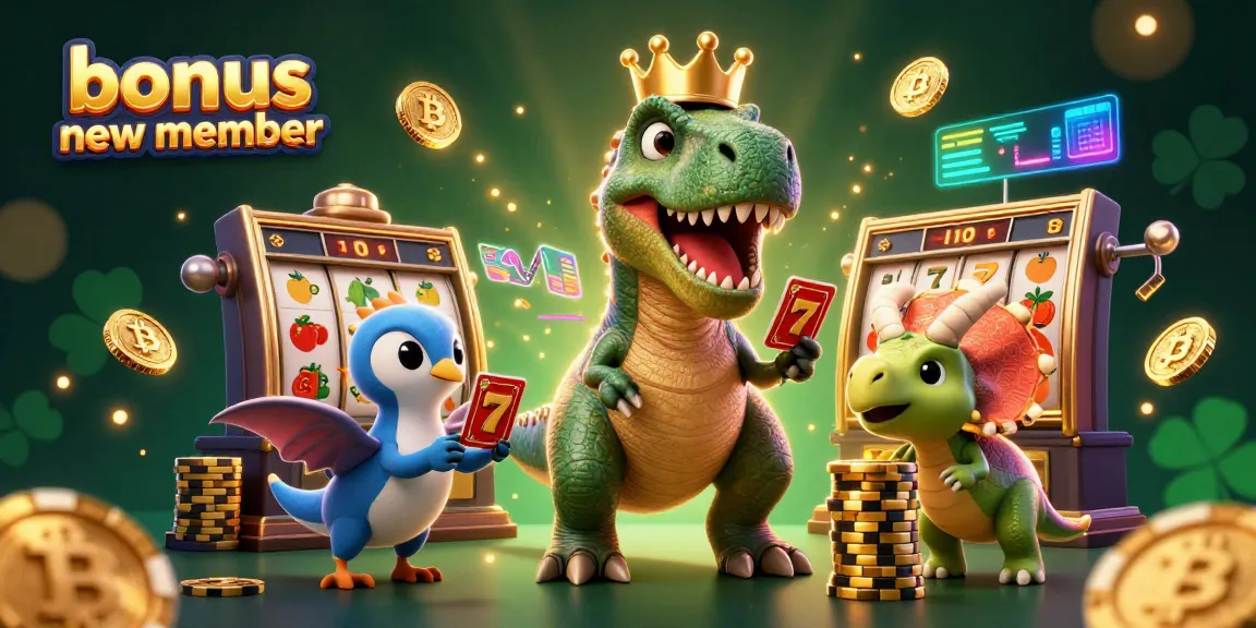 Join the fun with the bonus new member; T-Rex shuffling cards and friends stacking chips in a vibrant casino scene.